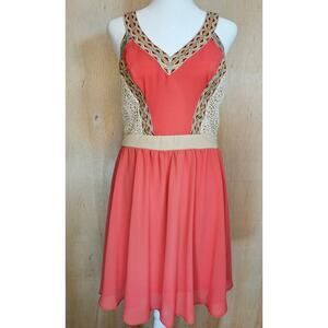 Chord Women's Juniors BOHO V-Neck Pink  A-Line‎ Dress With Crochet Detail Size 9